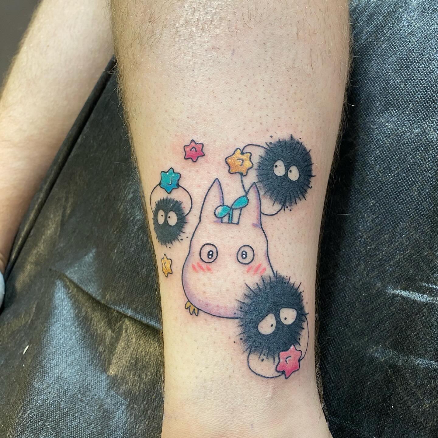 Totoro and black balls dotwork tattoo on the forearm by Amber Lea, Kansas City, Kansas