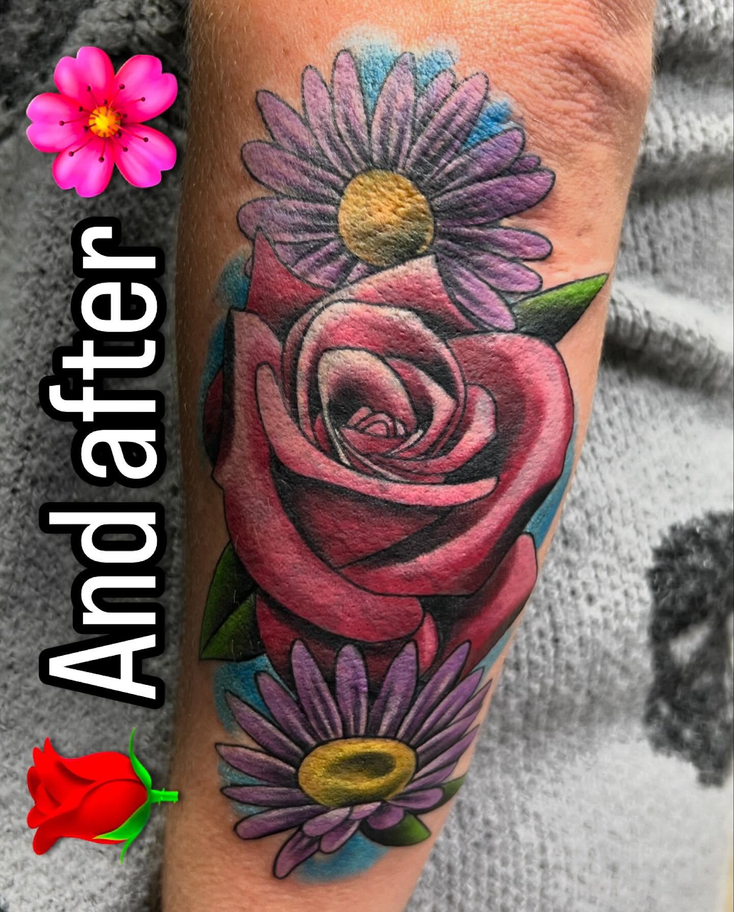 Rose and daisies American traditional tattoo on the forearm by Dustin Quillen Tattoo Artist, Campbellsville, Kentucky
