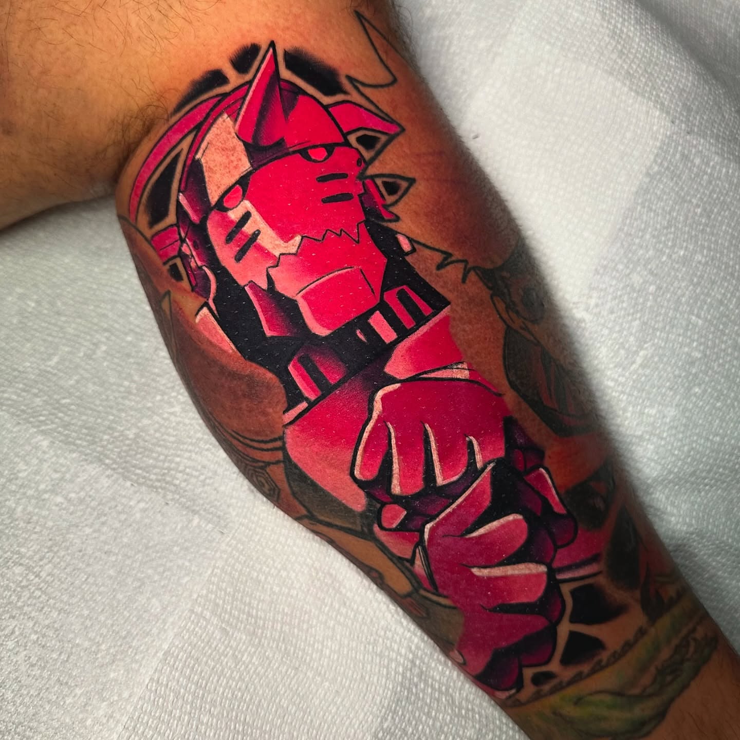 Mecha character geometric tattoo on the forearm by zackery simpson