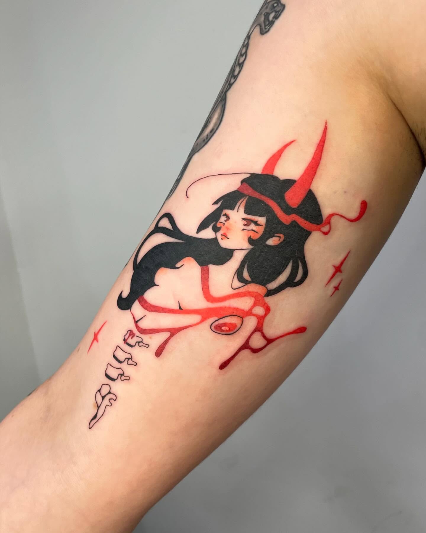 Anime character anime tattoo on the forearm by sarah ✶