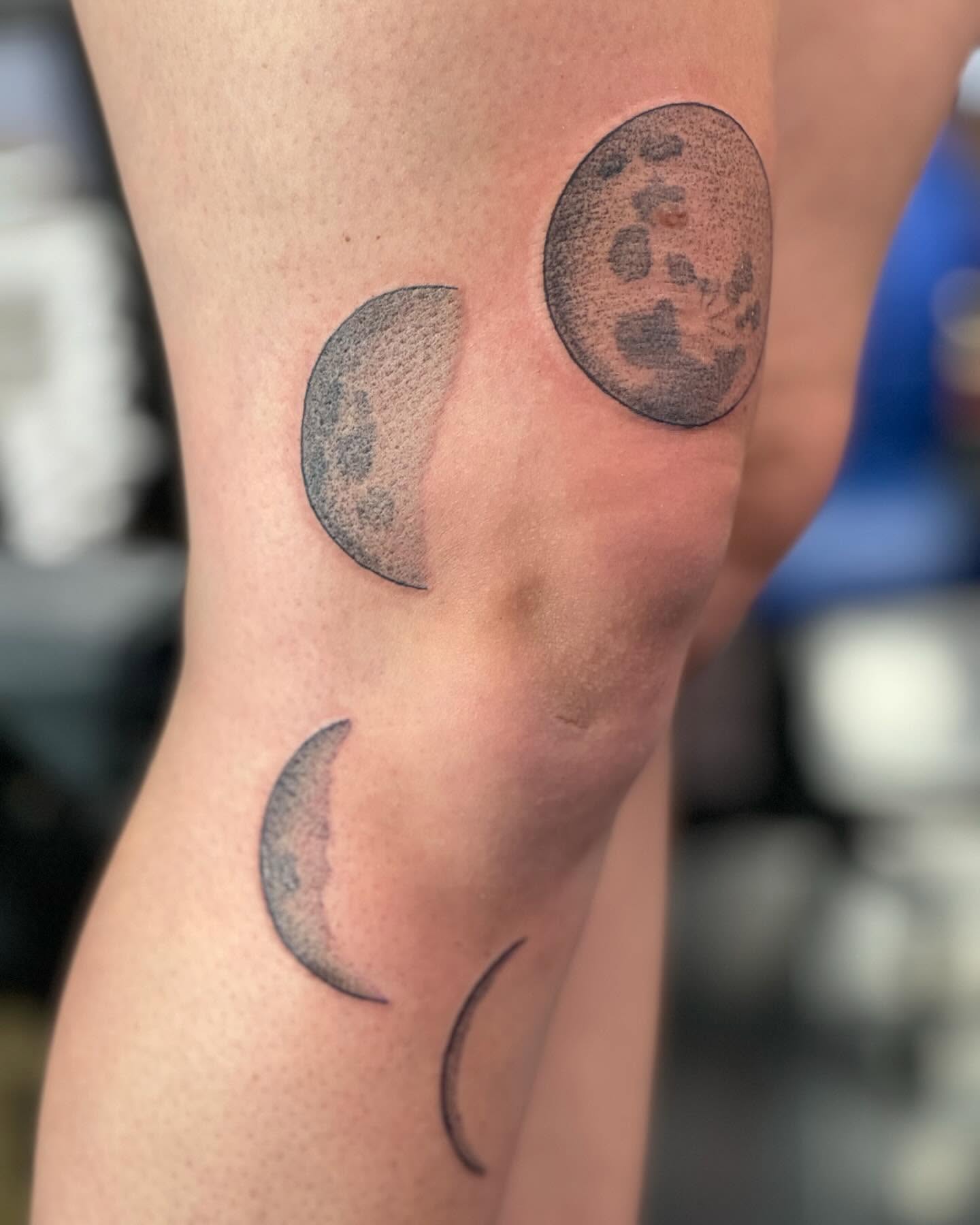 Moon phases dotwork tattoo on the forearm by Marissa Losier