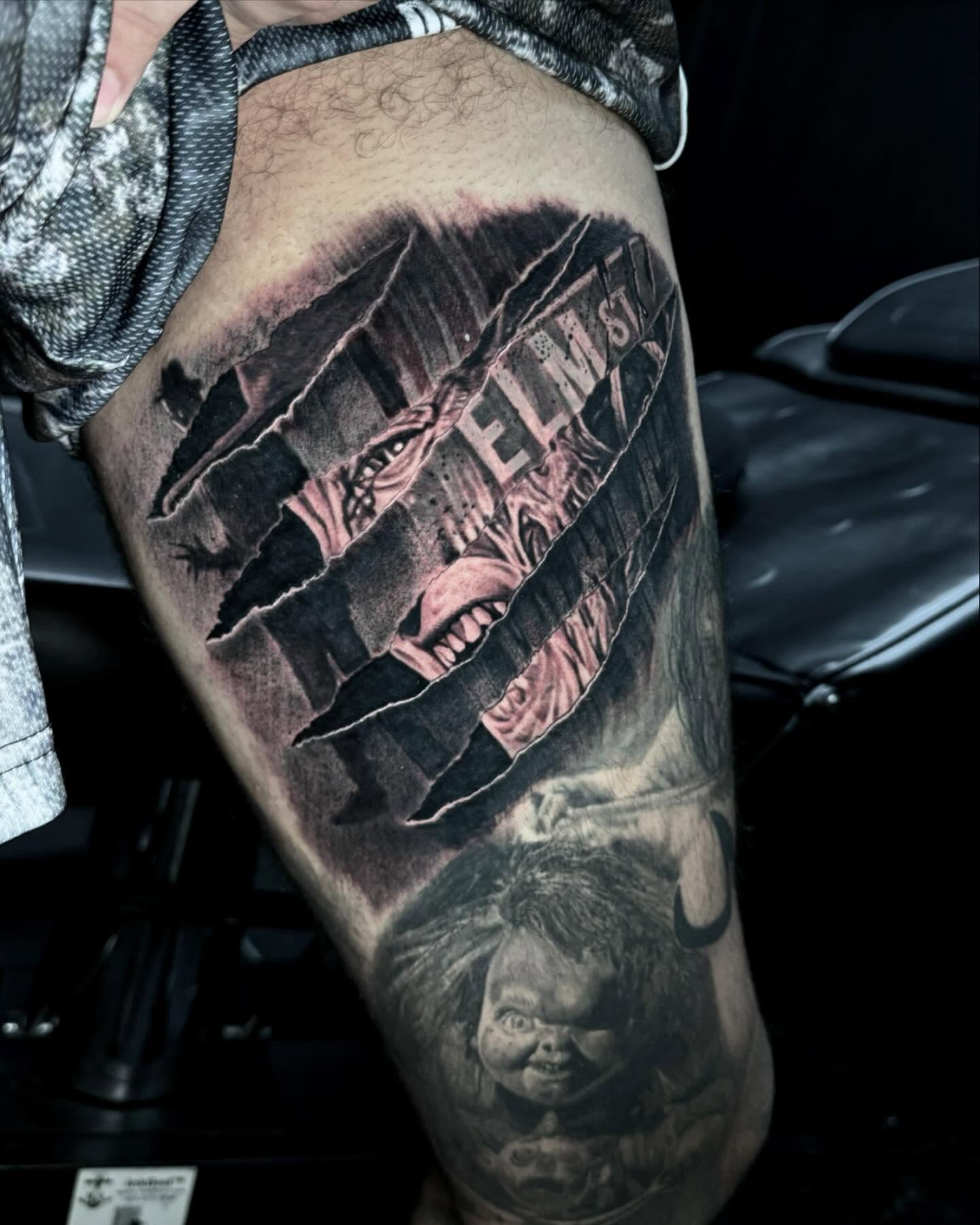 Horror movie characters realism tattoo on the thigh by Maverick Mayes🕷