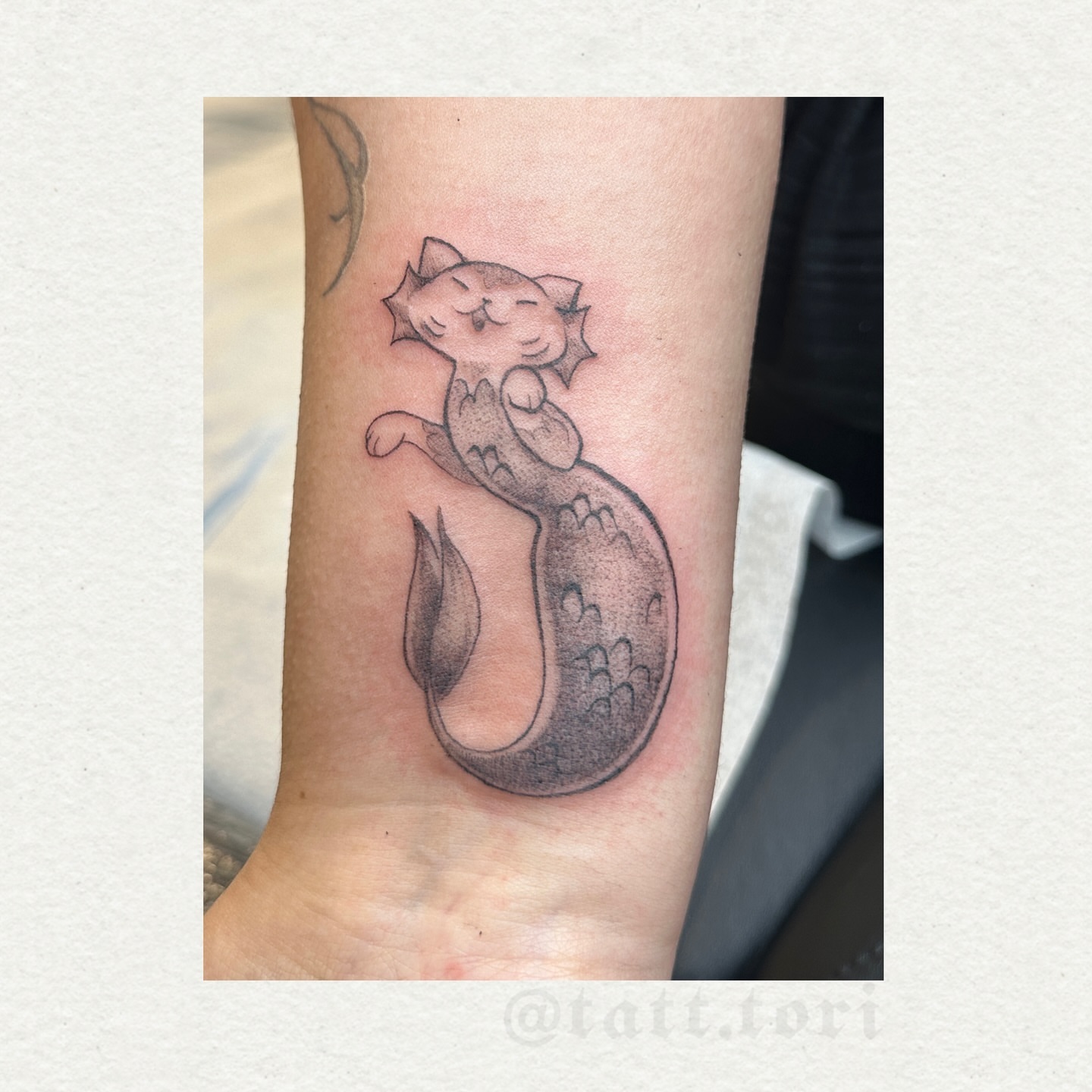 Cat mermaid dotwork tattoo on the forearm by 𝔱𝔬𝔯𝔦