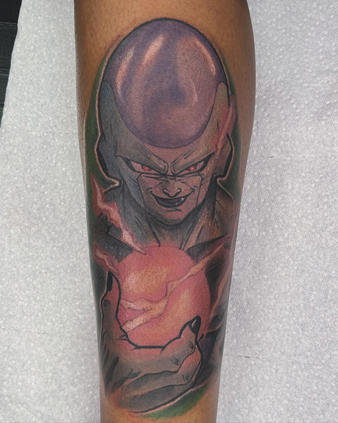 Frieza anime tattoo on the forearm by Darius Armour (Tattoo Artist)