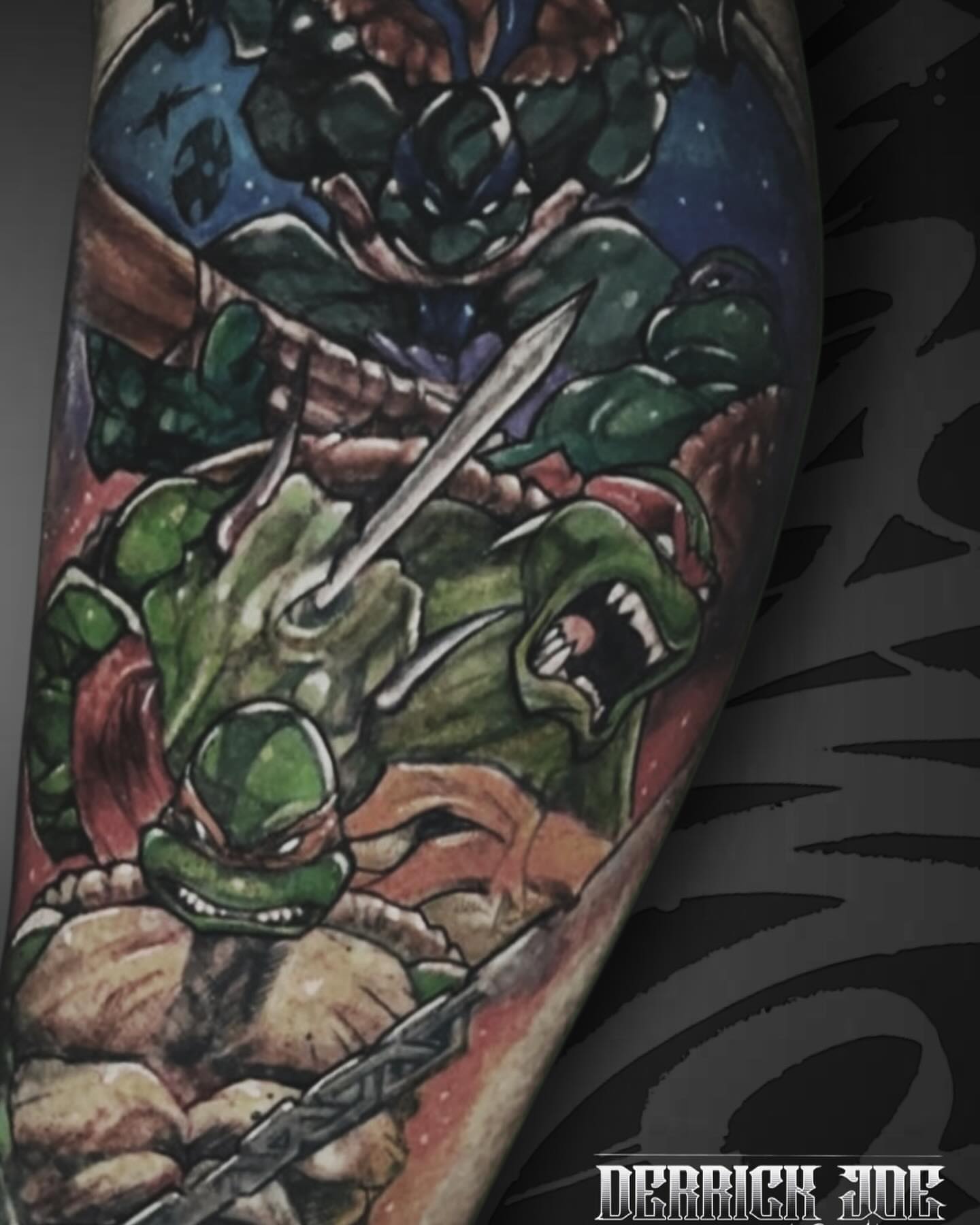 Teenage mutant ninja turtles dotwork tattoo on the forearm by Derrick Joe tattoos