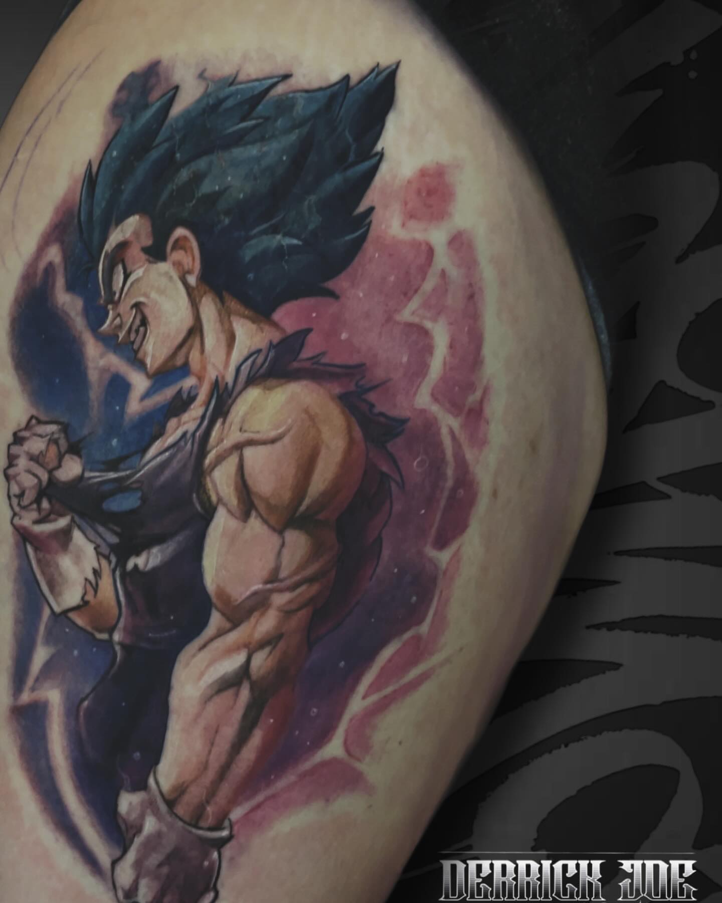 Vegeta anime tattoo on the upper arm by Derrick Joe tattoos