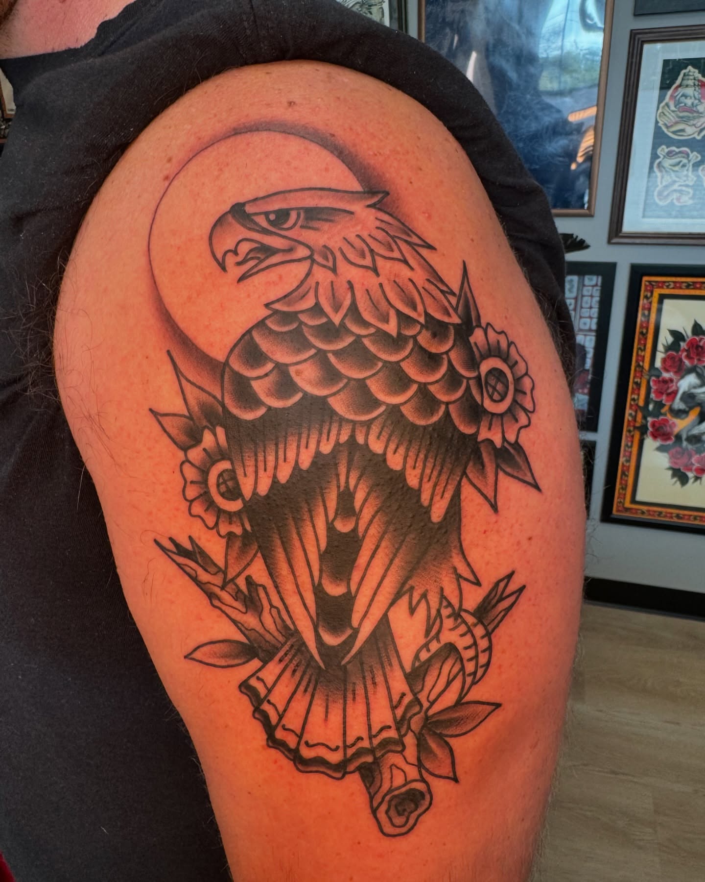 Eagle American traditional tattoo on the shoulder by Jeremy Hudson