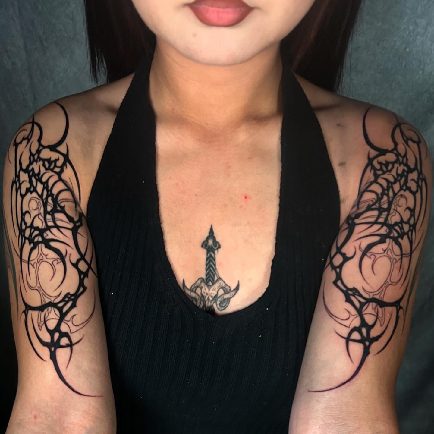 Sword tribal tattoo on the chest by ♡︎ Kaylie ♡︎, Tacoma, Washington
