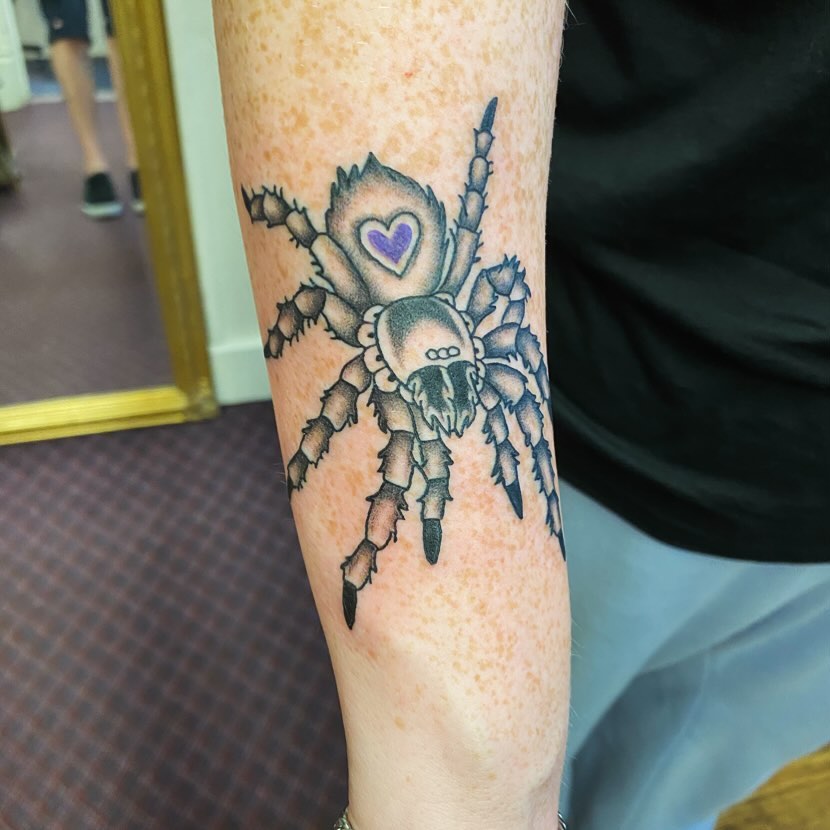 Spider dotwork tattoo on the forearm by Tommy O'Connell