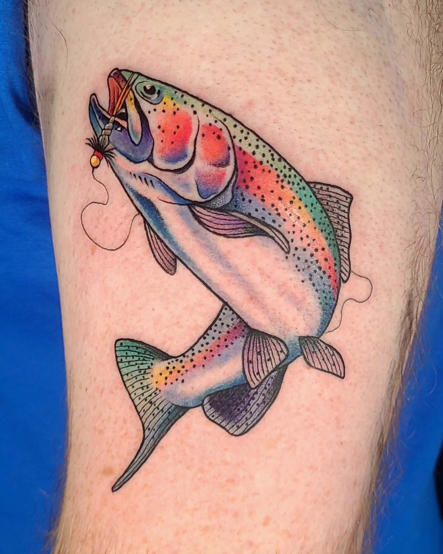 Rainbow trout dotwork tattoo on the thigh by Chloe🌿Tattoos