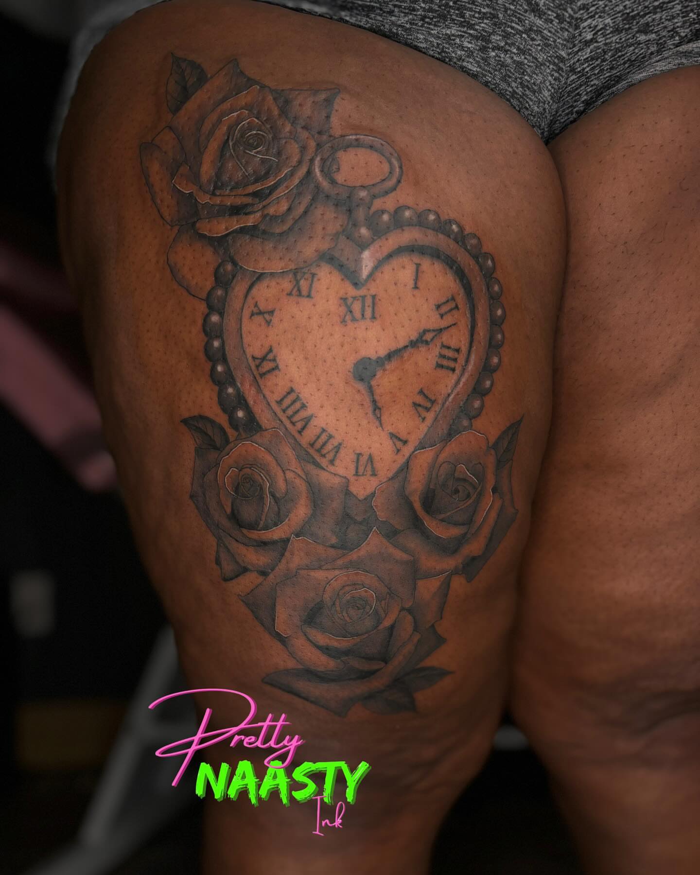 Heart clock realism tattoo on the thigh by Pretty Naasty Ink🖤
