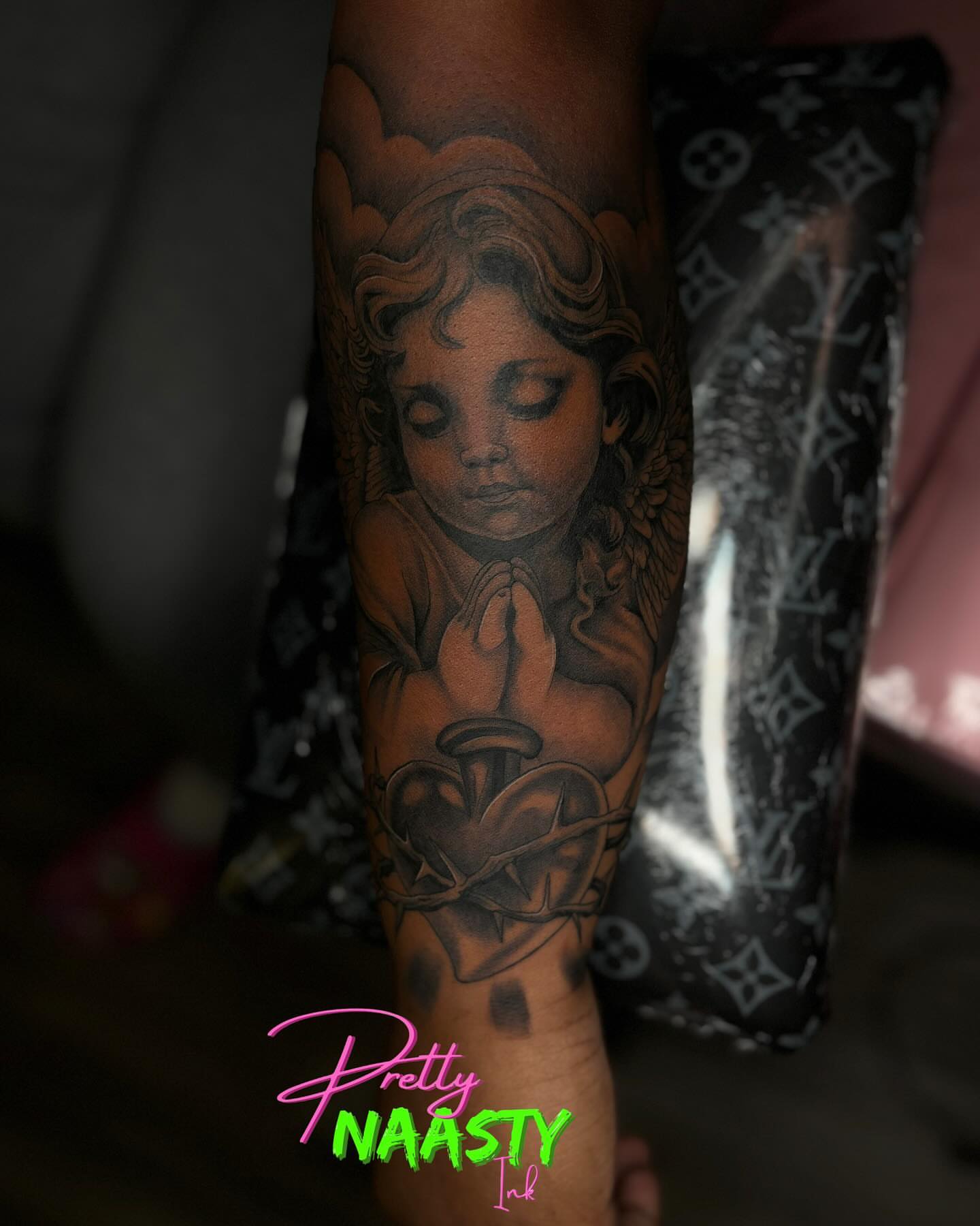 Praying angel realism tattoo on the forearm by Pretty Naasty Ink🖤