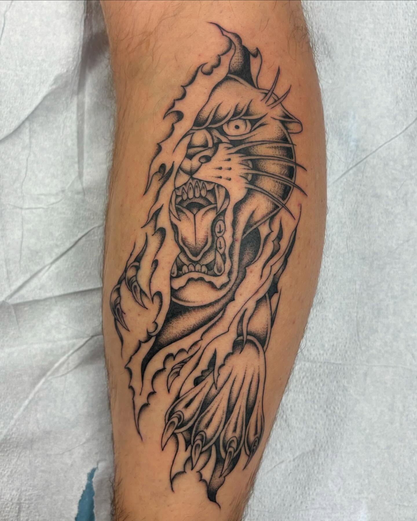 Roaring tiger realism tattoo on the forearm by Brayden P Tattoo