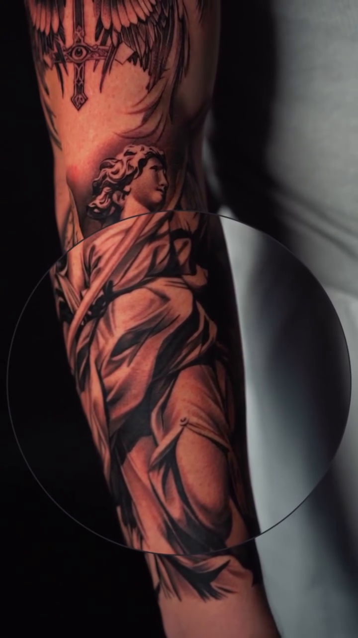 Angelic figure and winged eye realism tattoo by P.Lok