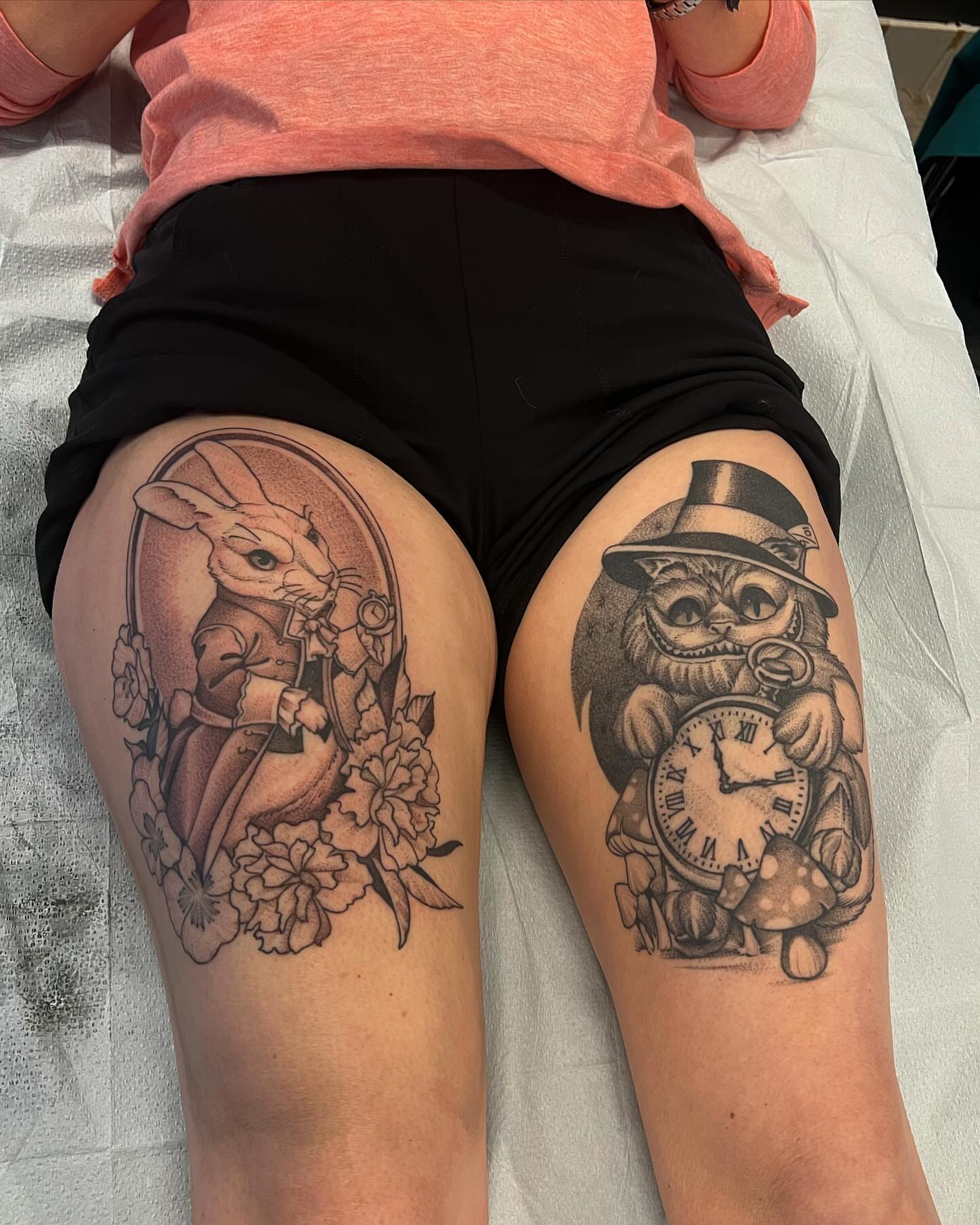 Rabbit and owl black and grey tattoo on the thigh by Will Campbell