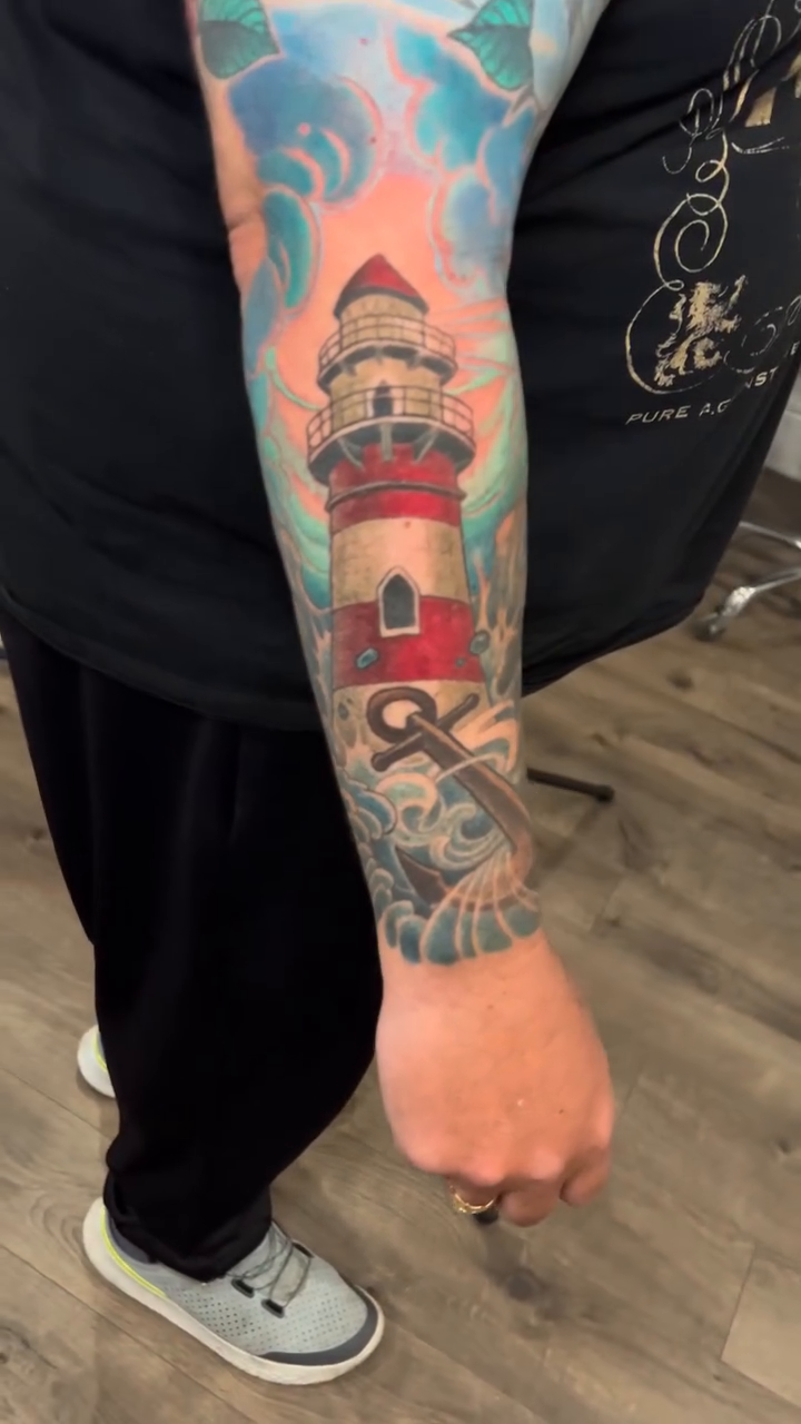 Lighthouse and waves japanese irezumi tattoo by Marvin Silva