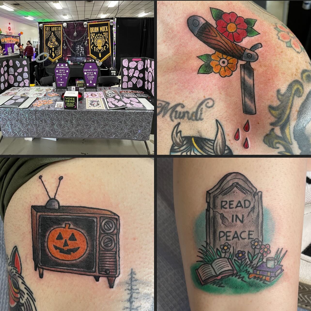 Television American traditional tattoo on the upper arm by Sue Garcia