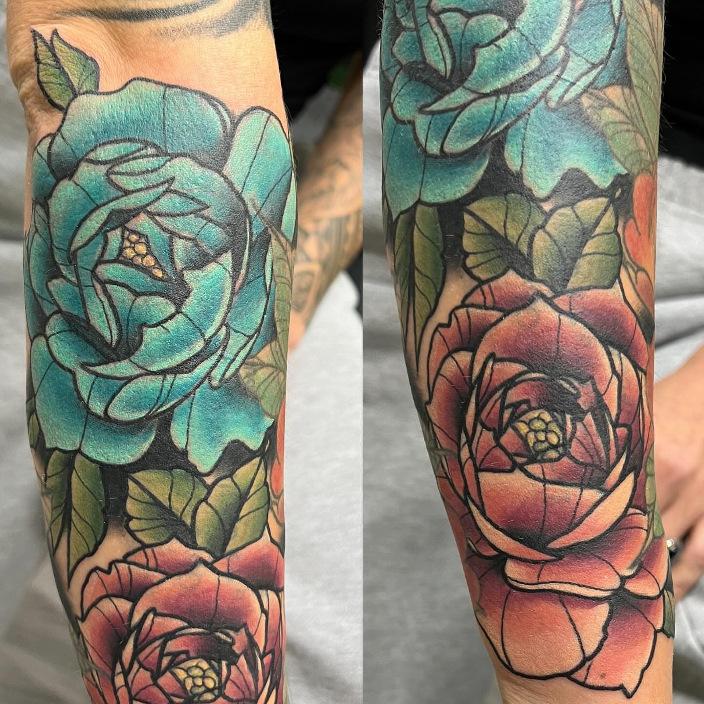Roses American traditional tattoo on the forearm by Damian James