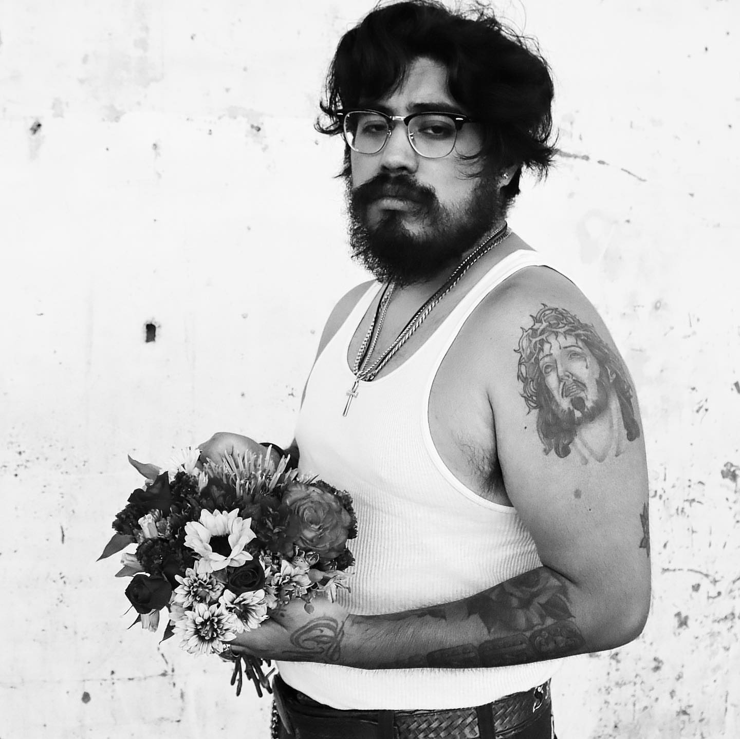 Religious figure black and grey tattoo on the chest by 🇬🇹