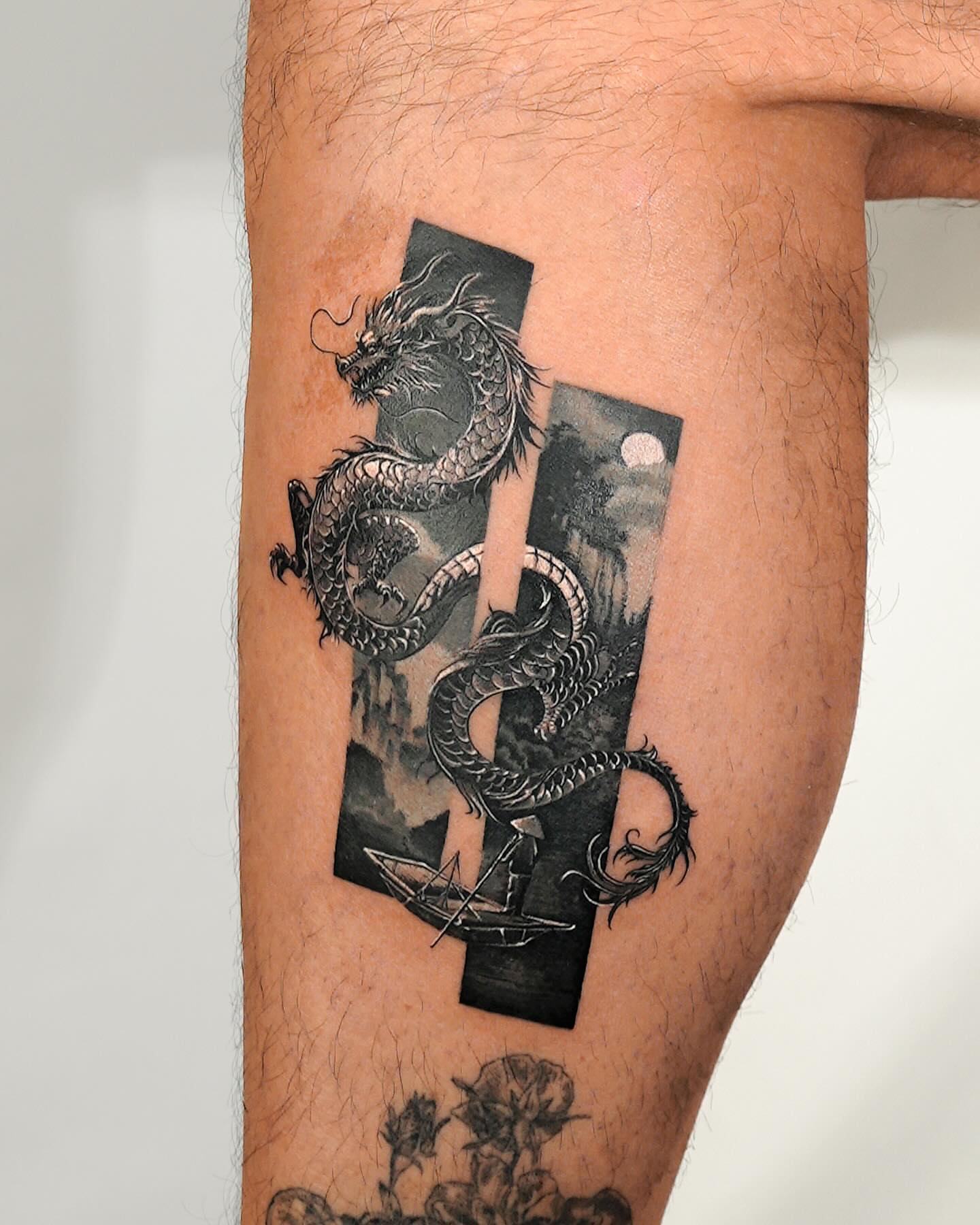 Dragon realism tattoo on the thigh by EQ