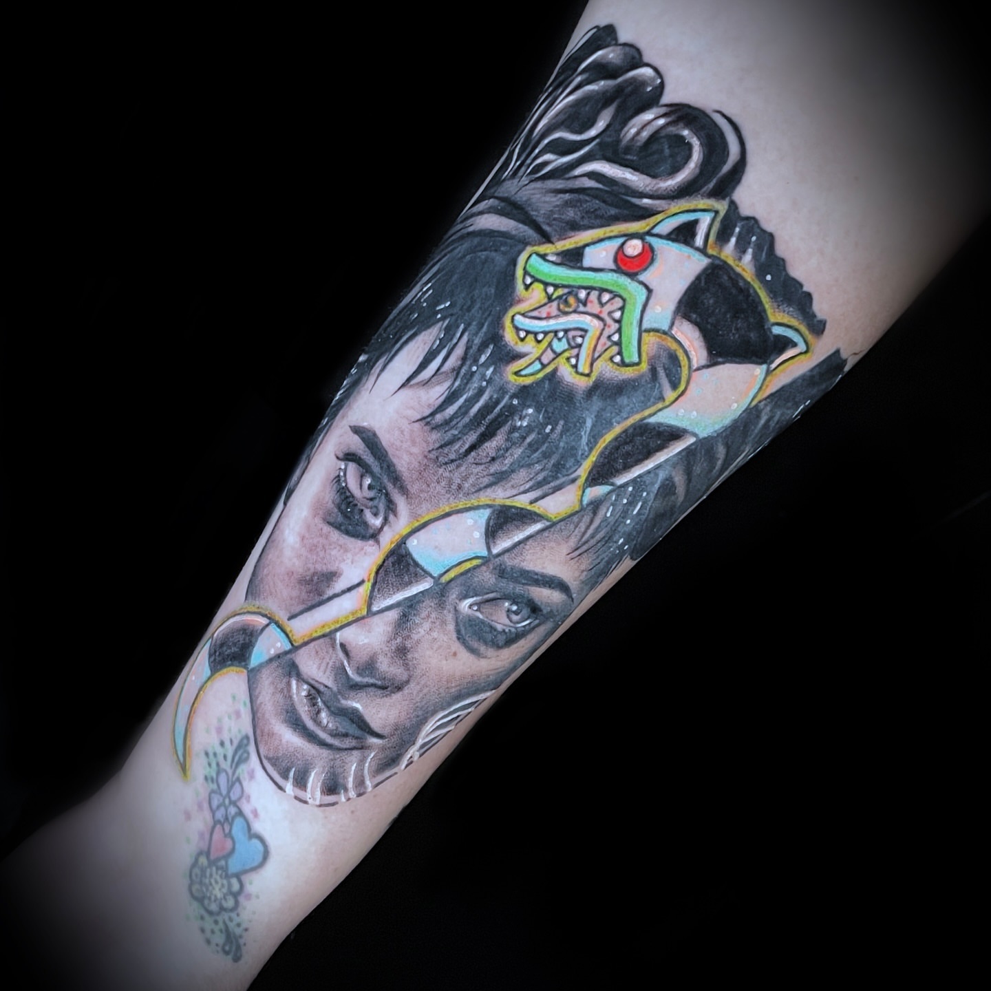 Portrait with mask realism tattoo on the forearm by ⛓️ 𝓑𝓻𝓸𝓸𝓴𝓮𝓵𝓵𝓮 𝓑𝓸𝓶𝓫𝓼𝓱𝓮𝓵𝓵𝓮 ⛓️