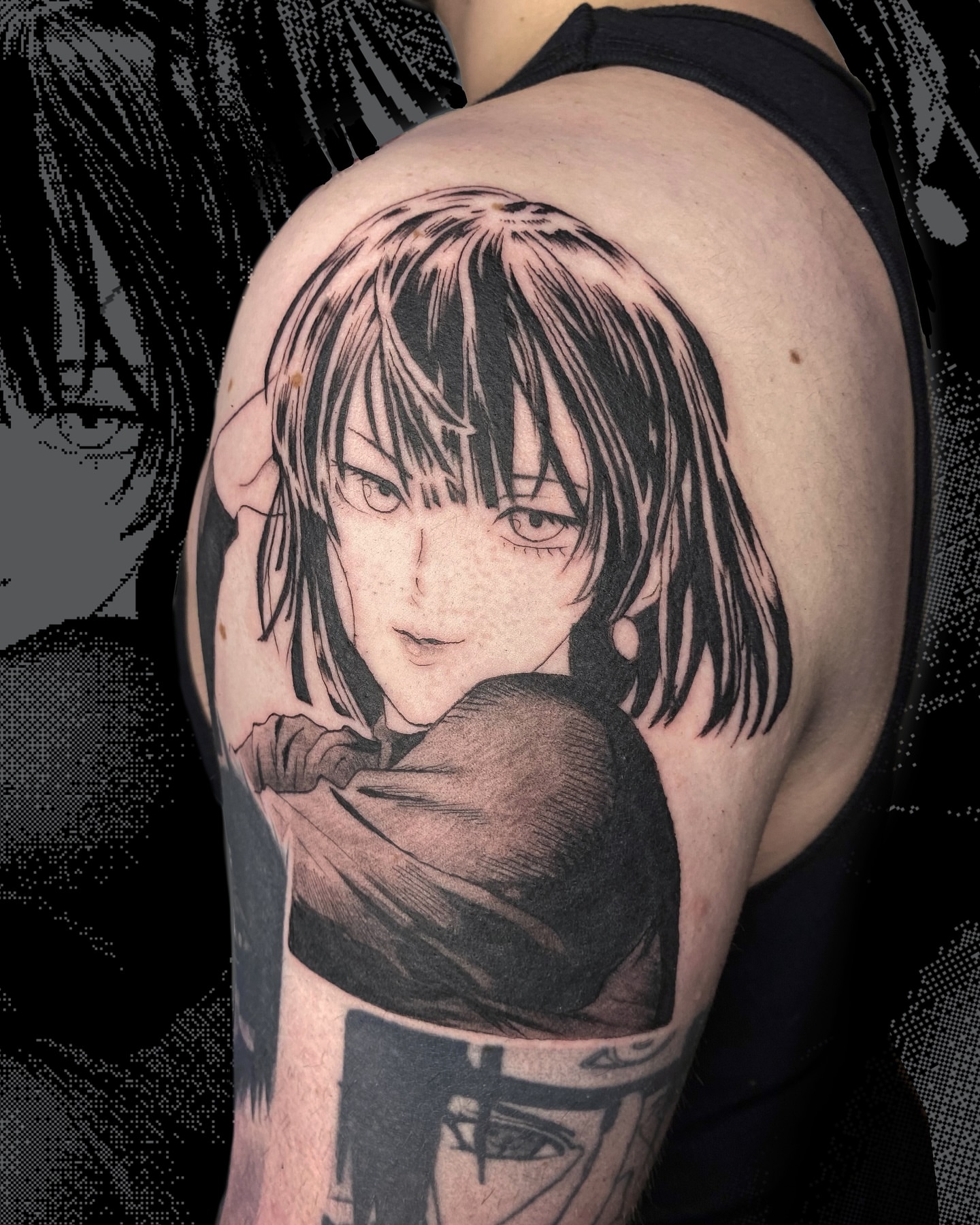 Anime character anime tattoo on the shoulder by Sarah