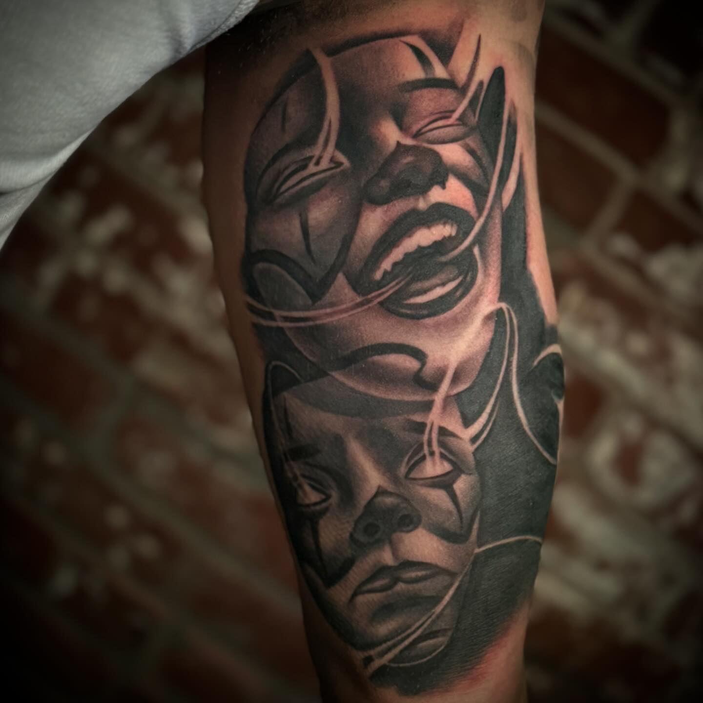 Abstract faces geometric tattoo on the forearm by Bernie calderon, Fresno, California