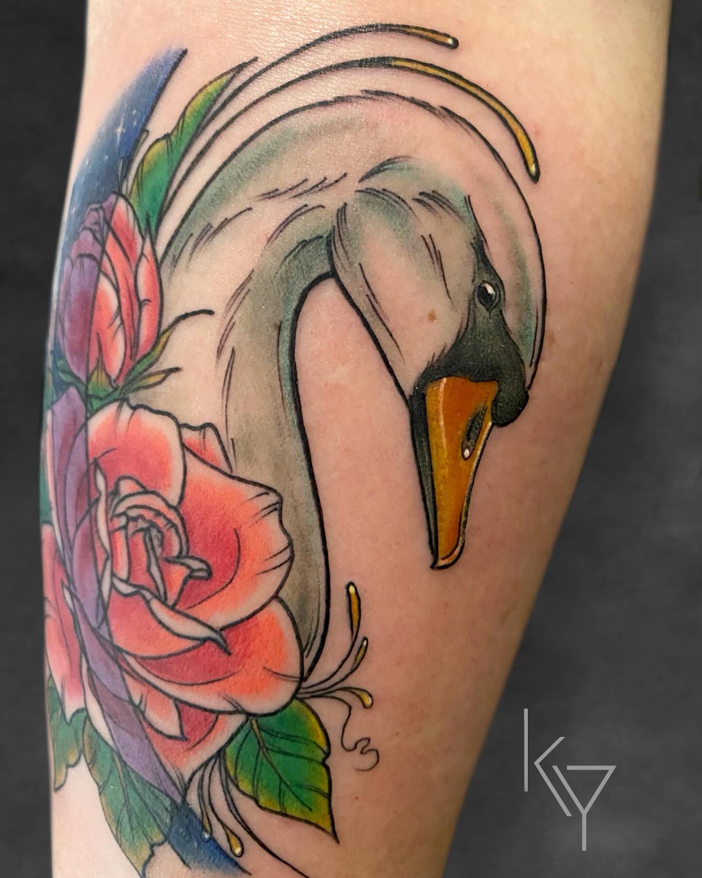 Swan and roses American traditional tattoo on the forearm by ..✨ K I R S T y y O R K ✨..