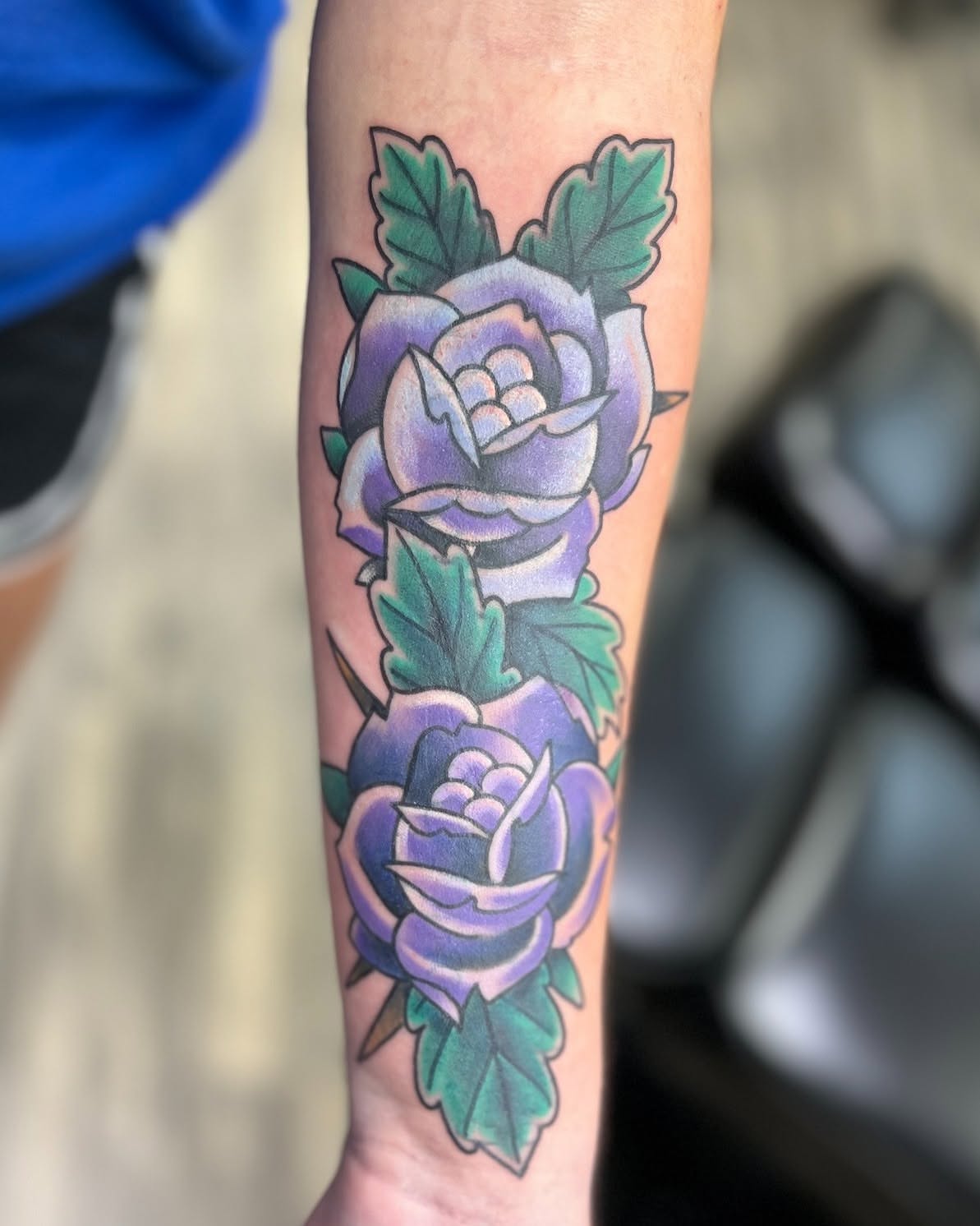 Roses American traditional tattoo on the forearm by Dustin Quillen Tattoo Artist, Campbellsville, Kentucky