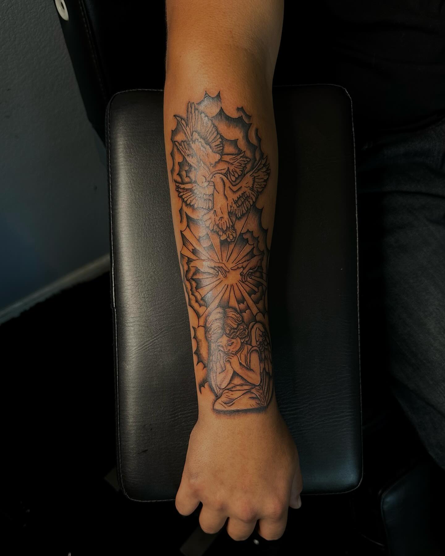 Angelic figures geometric tattoo on the forearm by Bay Area Tattoo Artist ✍🏽