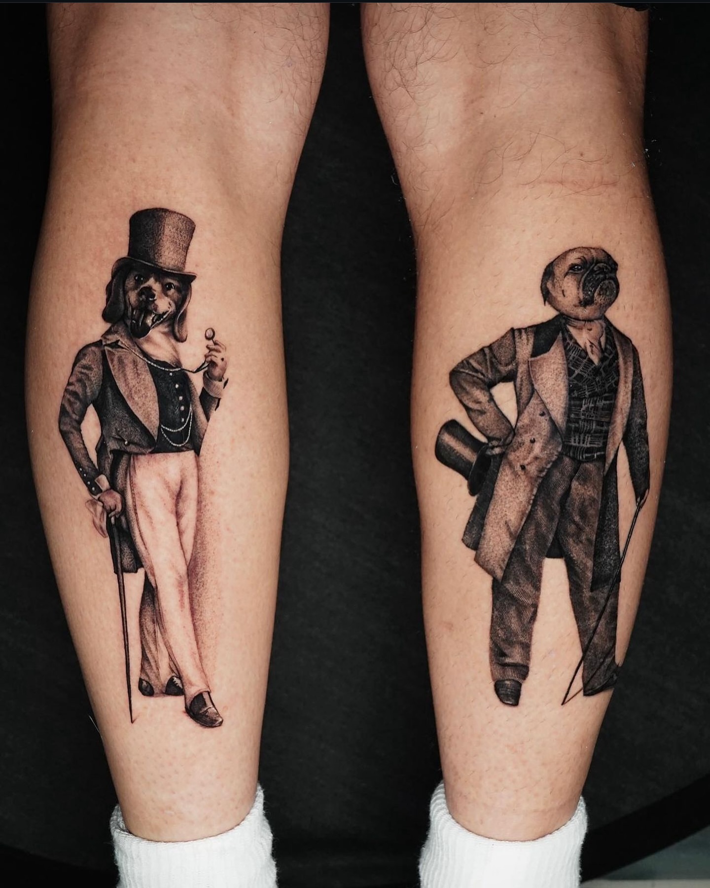 Dog in top hat realism tattoo on the calf by JoannaTattoos