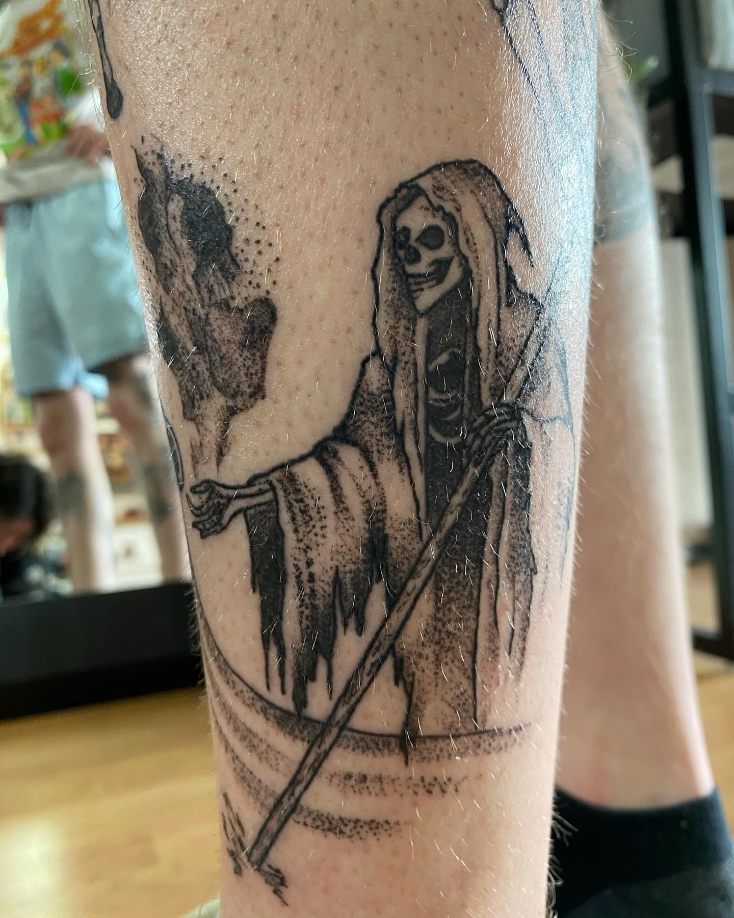 Reaper dotwork tattoo on the forearm by Taya Lynn, Hudson, Wisconsin