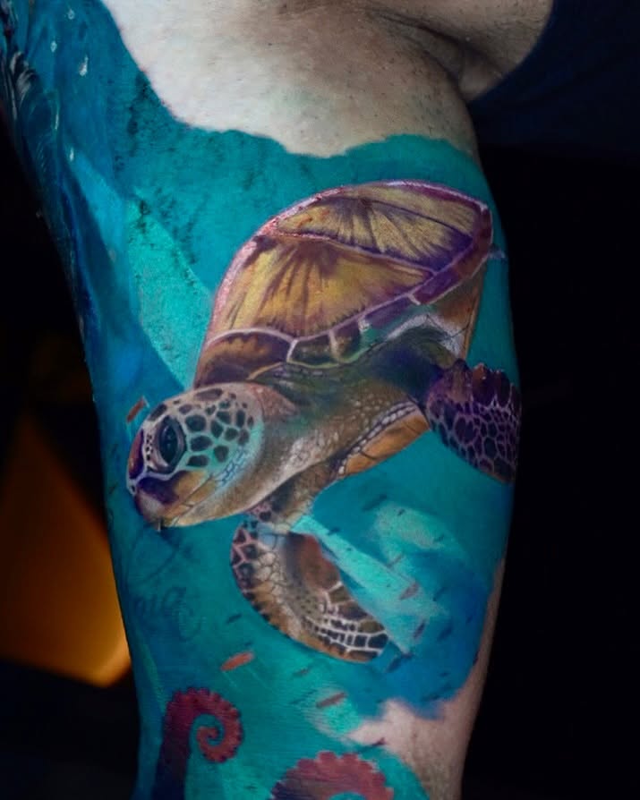 Sea turtle realism tattoo on the forearm by Davier Del Castillo