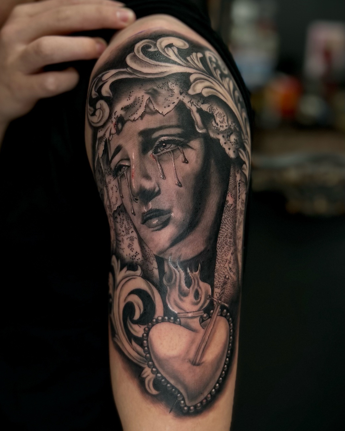 Woman with tears realism tattoo on the forearm by Penny - Tattooer