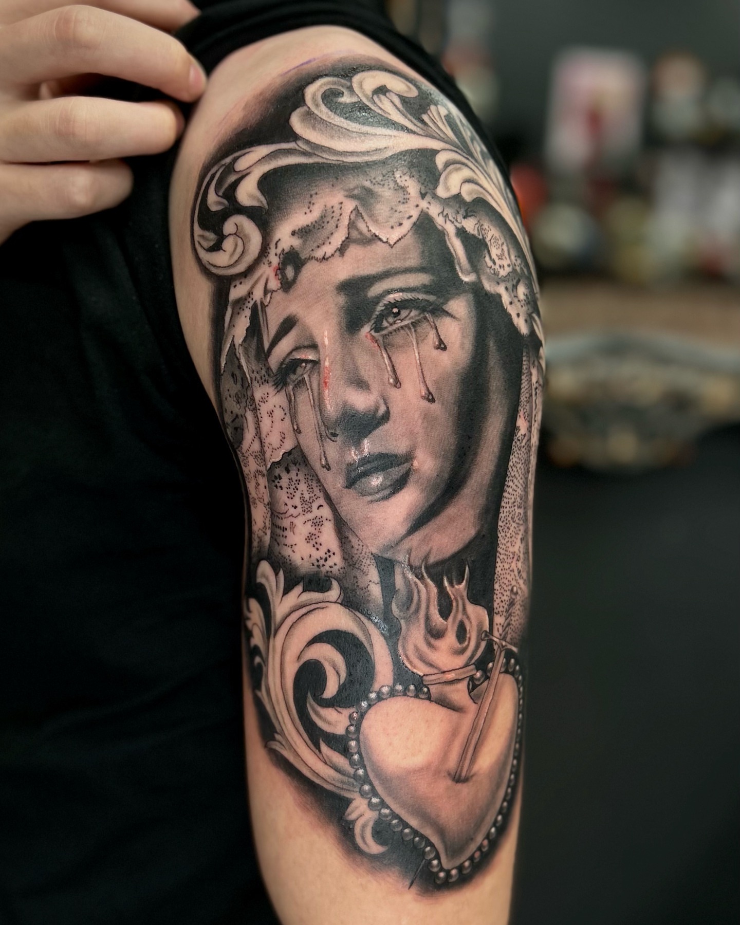 Woman with tears realism tattoo on the forearm by Penny - Tattooer