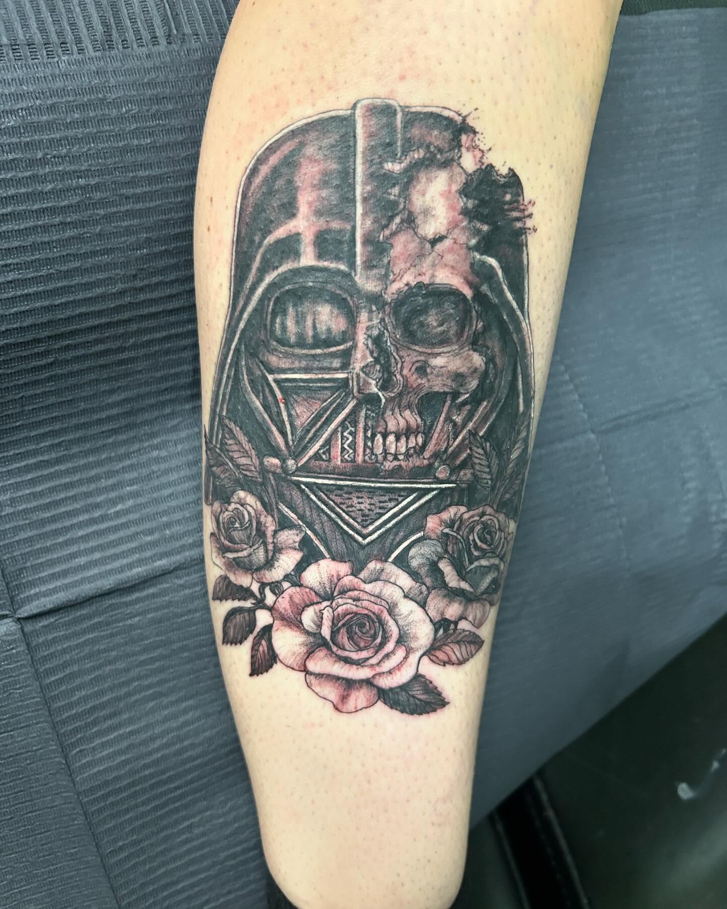 Darth vader skull with roses realism tattoo on the forearm by B Hendrix, Cuyahoga Falls, Ohio