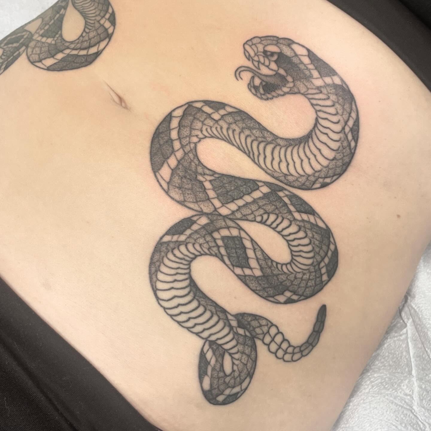 Snake black and grey tattoo on the torso by Amanda Marie, Edmonds, Washington