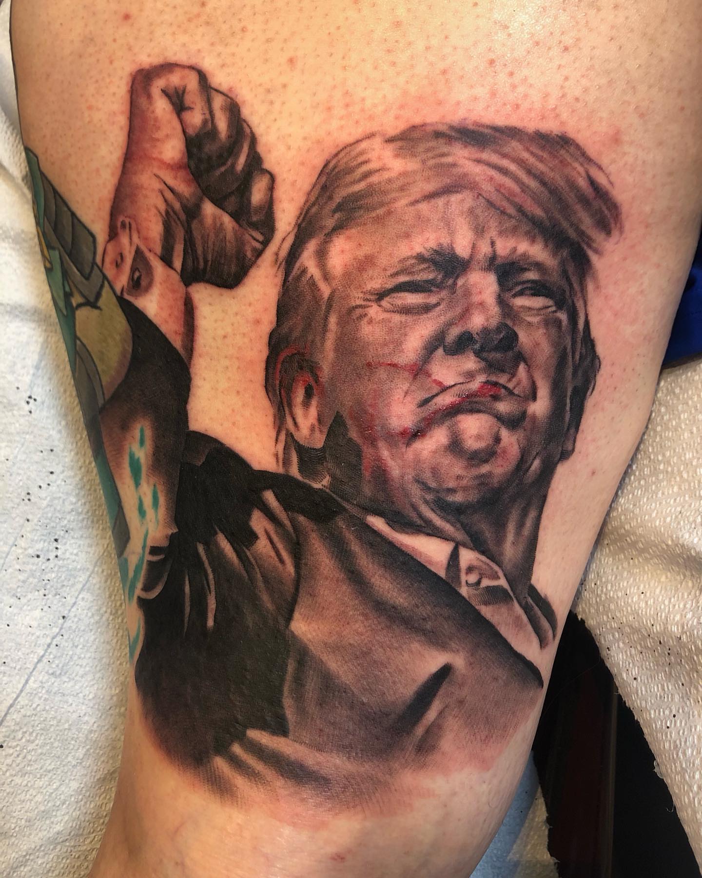 Portrait of Donald Trump realism tattoo on the forearm by Mike Doherty, Abington, Massachusetts