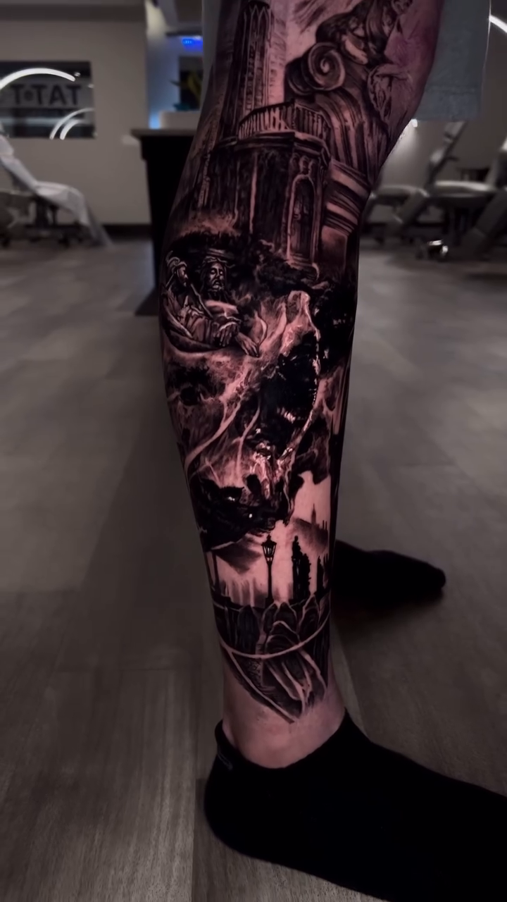 Gothic cityscape with figures dark realism tattoo by Armando Galán 🇨🇱🇺🇸