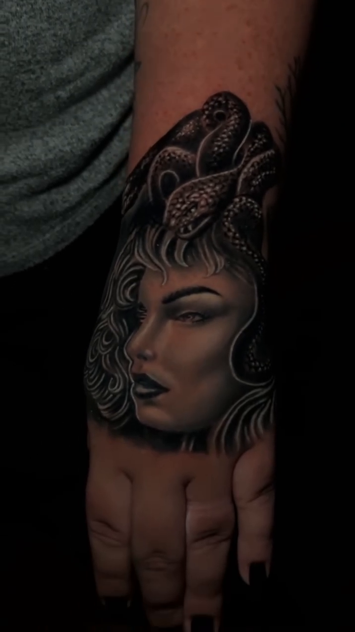 Medusa portrait realism tattoo by Jacob Martin, Toledo, Ohio