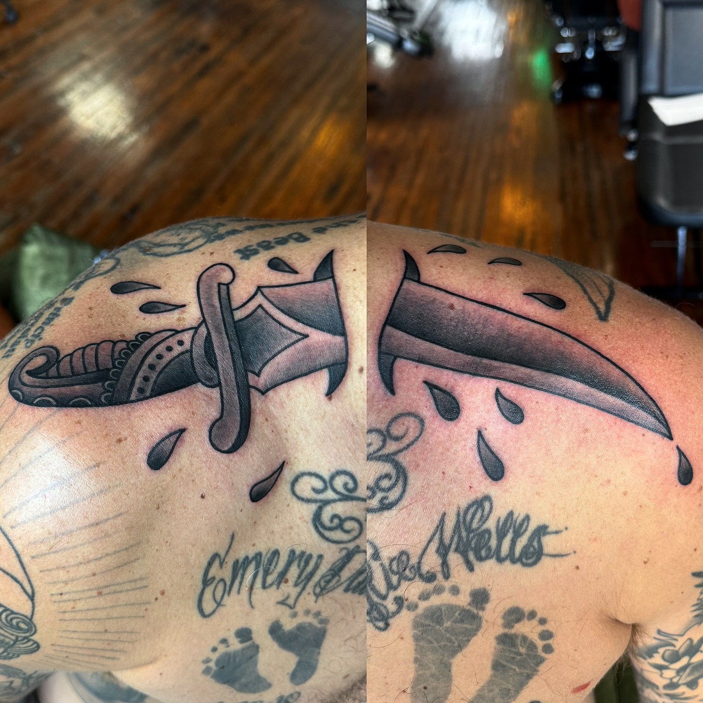 Knife and name black and grey tattoo on the shoulder by kenneth nash