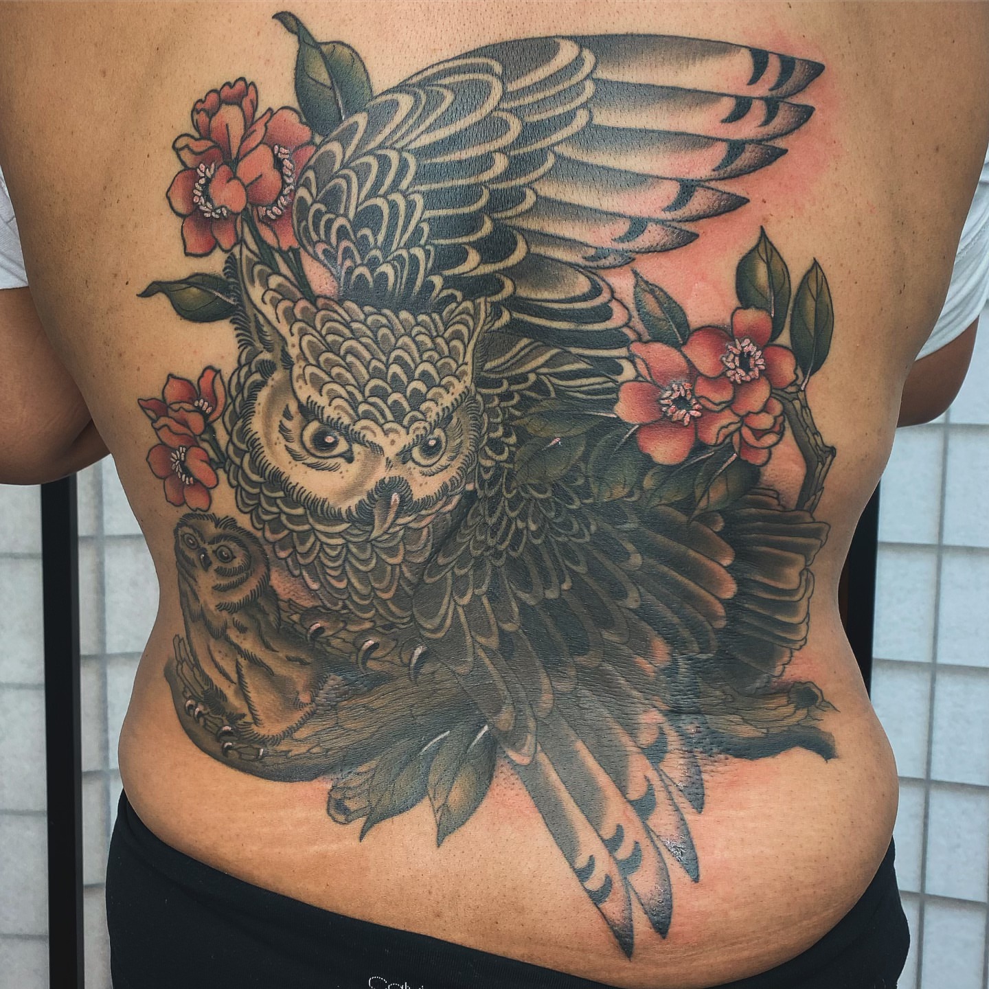 Owl and flowers American traditional tattoo on the back by Adam Bailey, Portland, Oregon