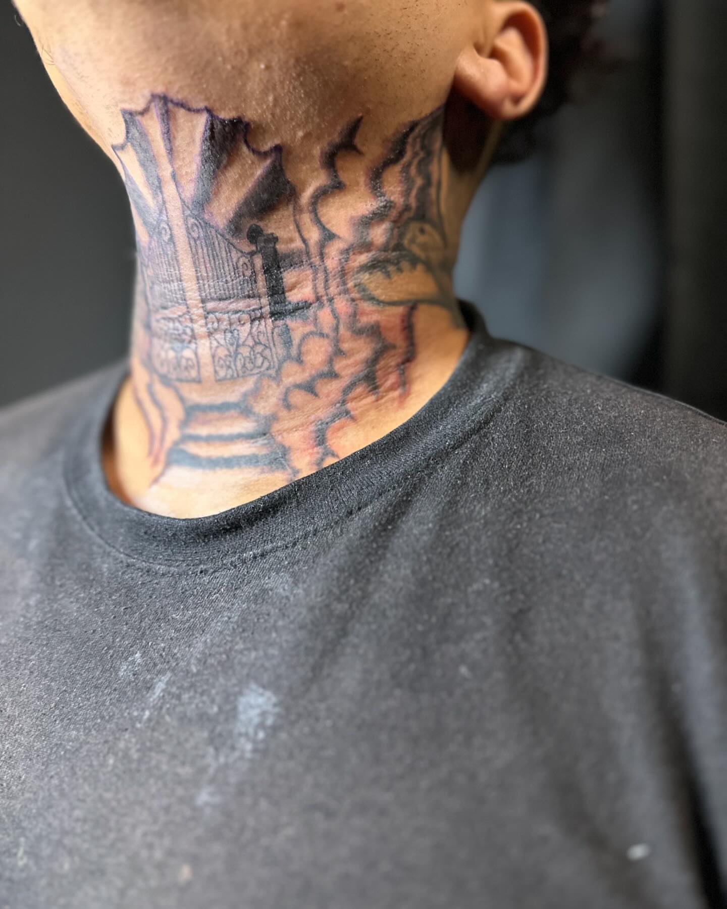 Cemetery scene American traditional tattoo on the neck by Devin