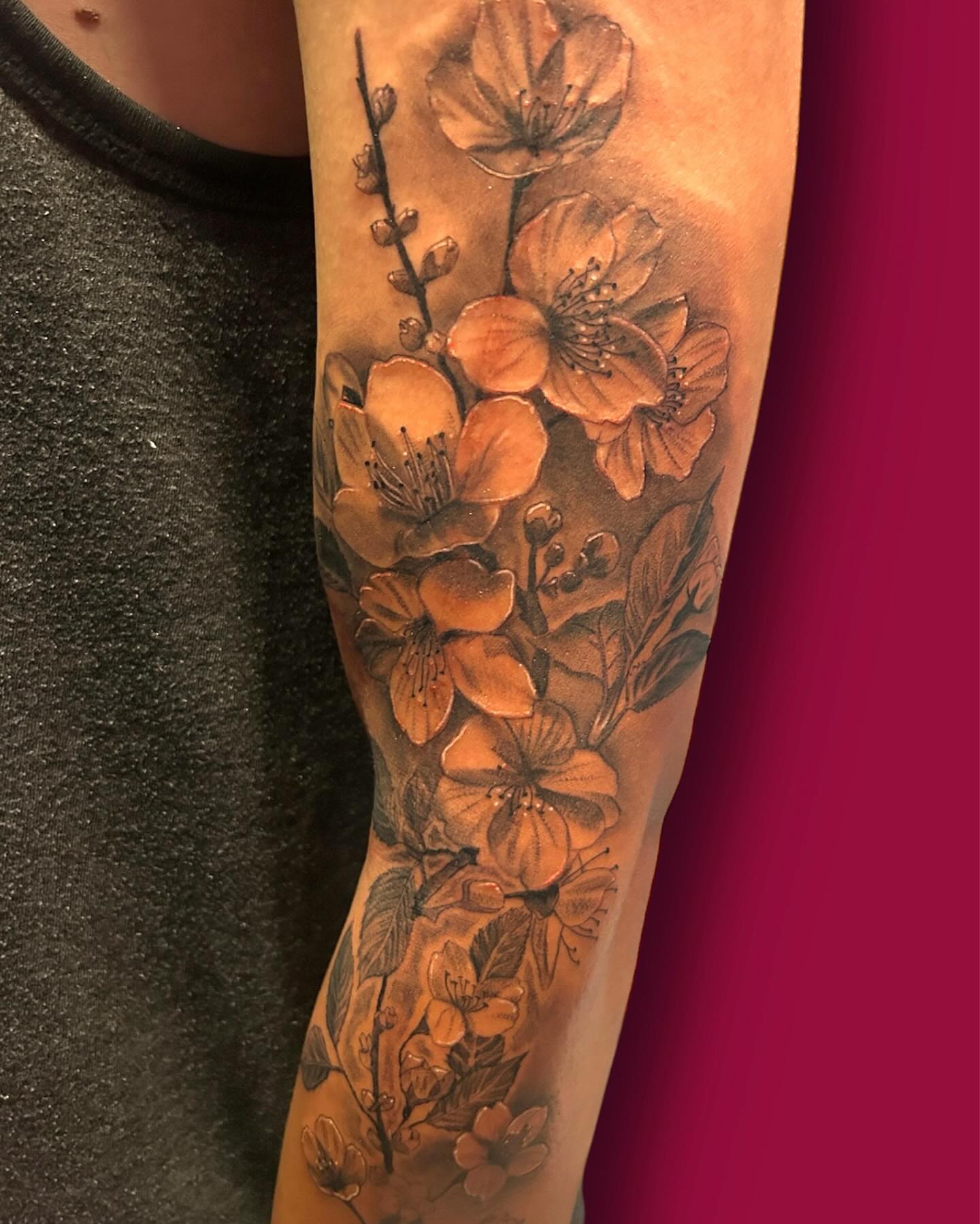Cherry blossoms realism tattoo on the forearm by Marissa S., Lansing, Michigan