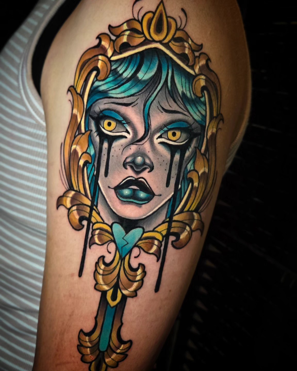 Woman with crown American traditional tattoo on the forearm by @lovelornpotato