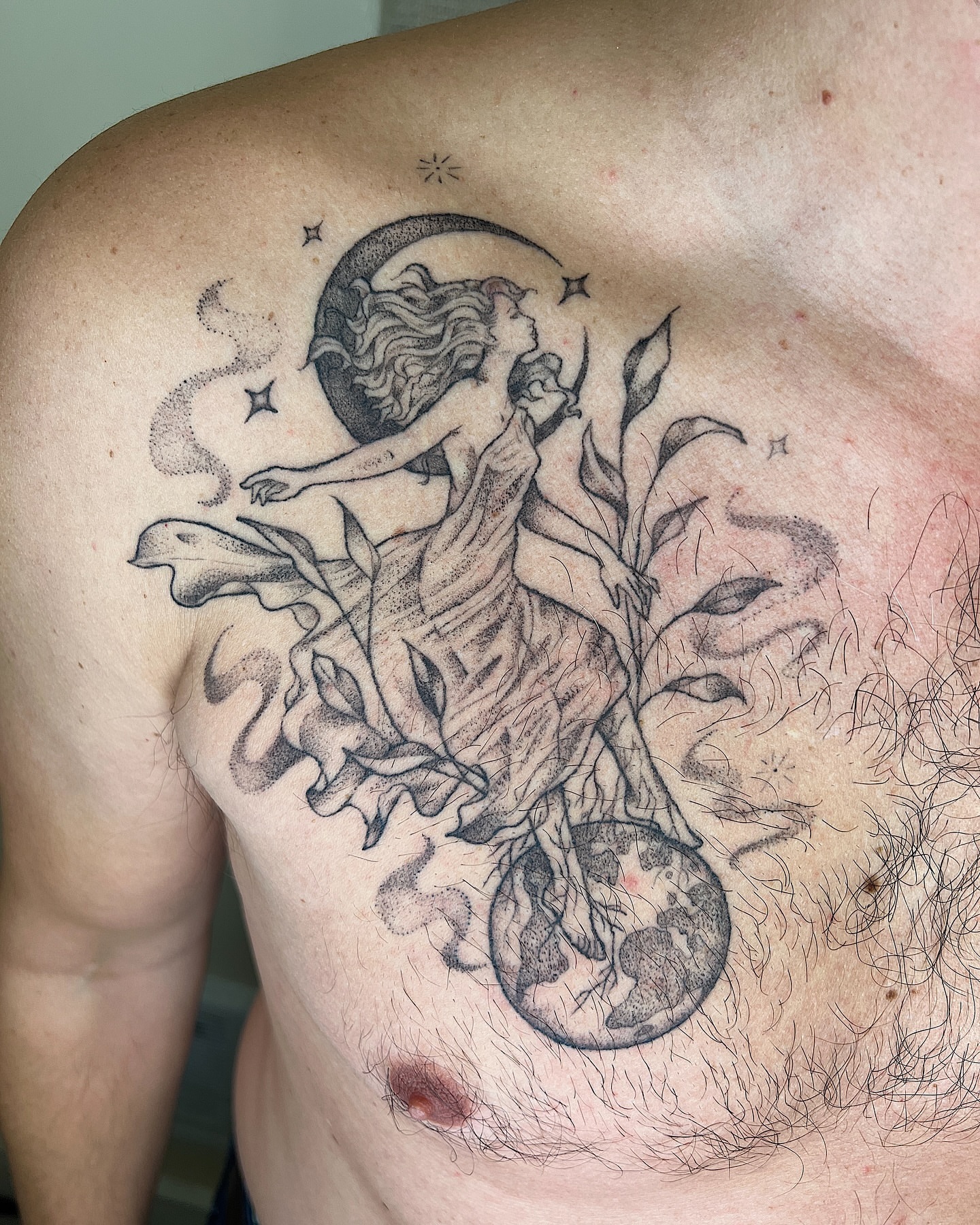 Astral woman dotwork tattoo on the chest by Kelsi Hooper, Seattle, Washington