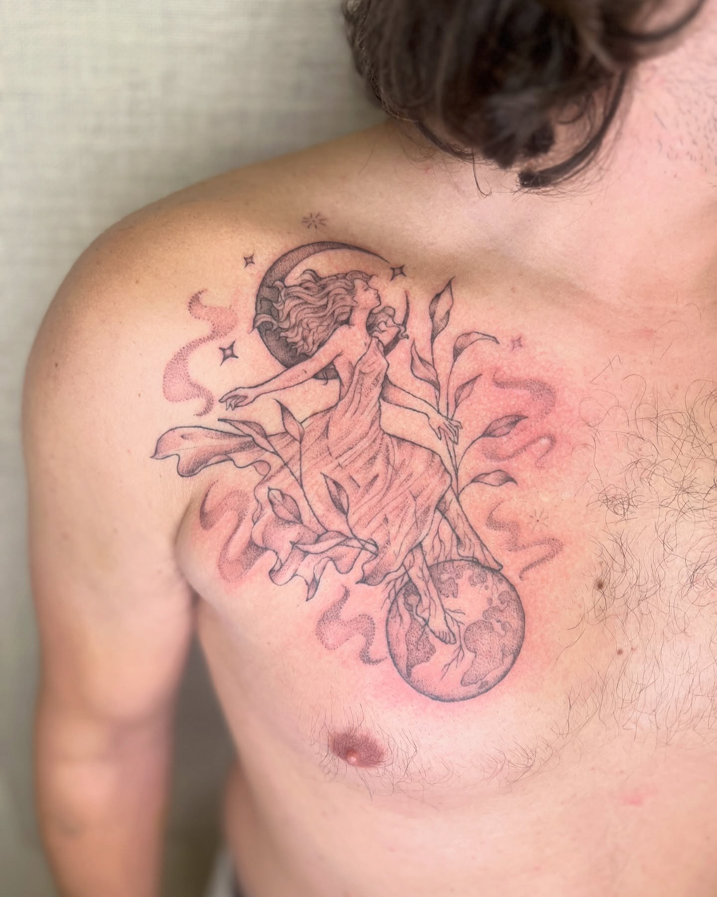 Astral woman dotwork tattoo on the chest by Kelsi Hooper, Seattle, Washington