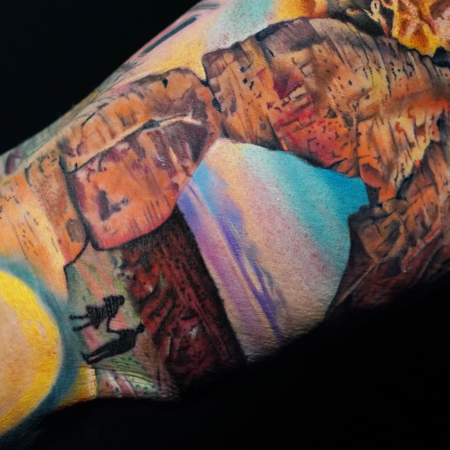 Desert landscape dotwork tattoo on the forearm by Su Kang