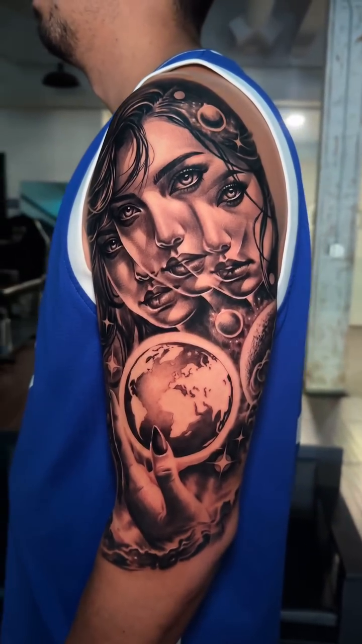 Woman holding a globe realism tattoo by 𝐉𝐨𝐧 𝐒𝐚𝐧𝐭𝐨𝐬