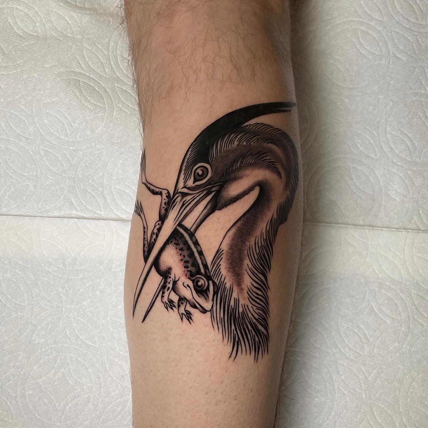 Heron with fish black and grey tattoo on the forearm by Niko Mulhearn